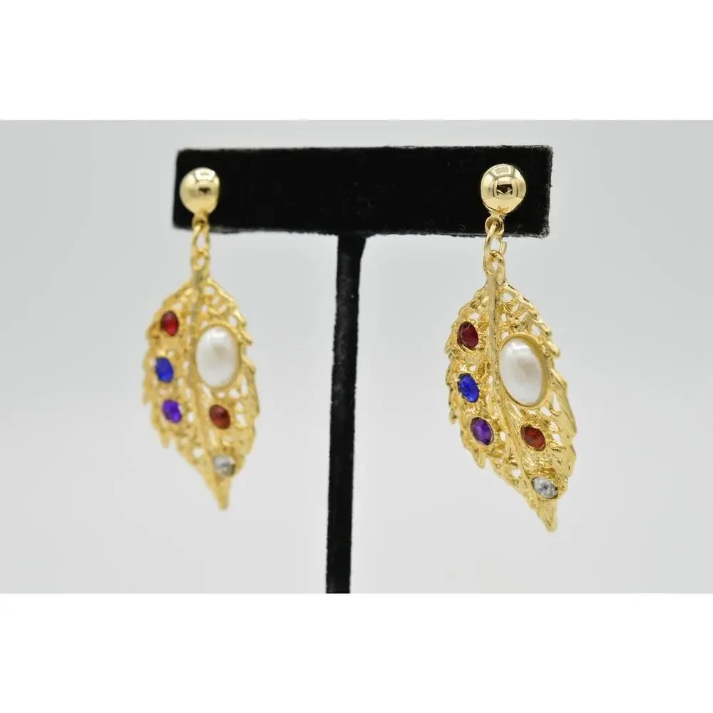 Vintage Crystal Leaf Earrings Dangle Gold Faux Pearl Multi-Color NOS 1980s W6